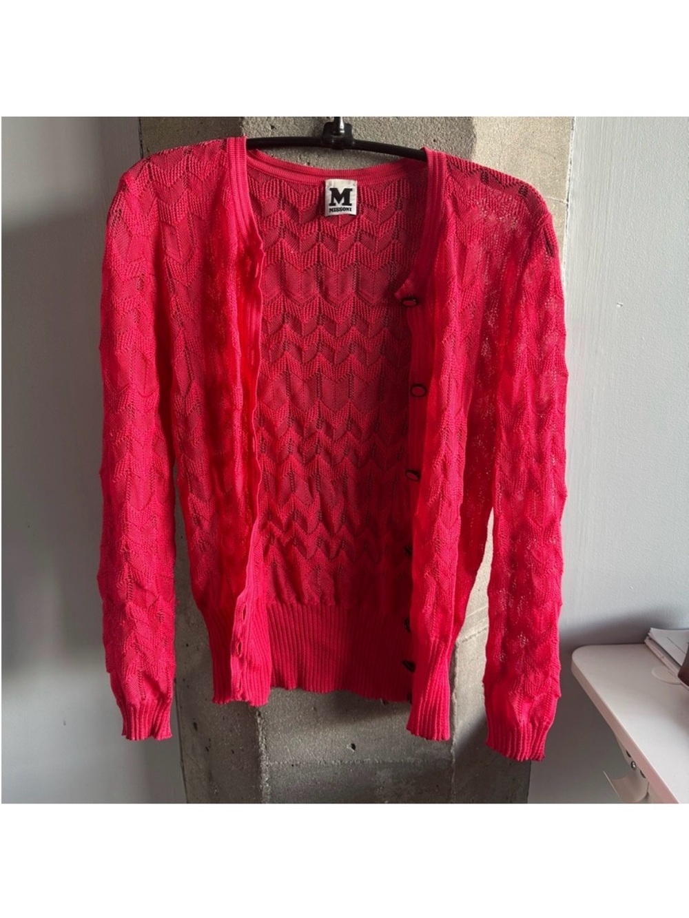 M Missoni Hot Pink Open-Knit Button Chevron Cardigan